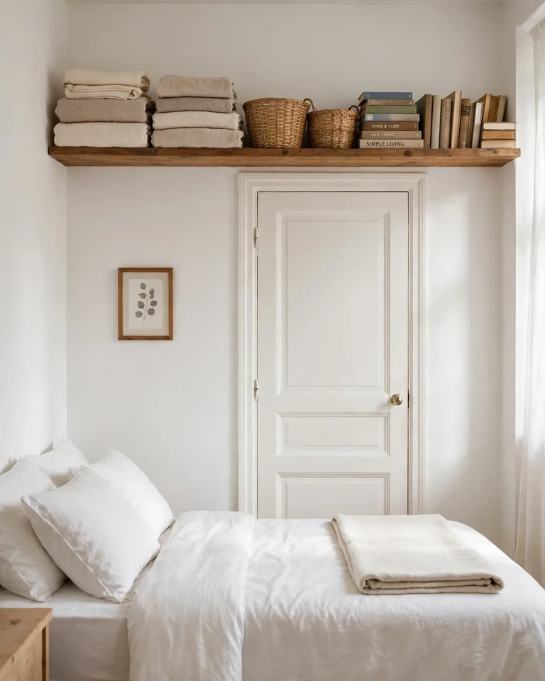 Wooden shelf mounted above a bedroom door holding folded linens, baskets, and books