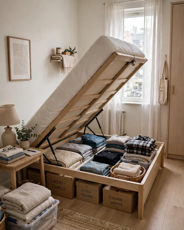 Lift-up storage bed with the mattress raised to reveal folded clothes and bedding stored inside