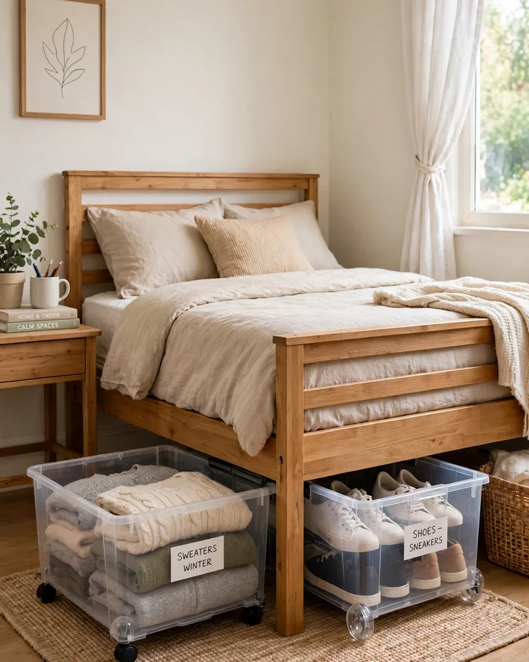 Clear labeled rolling bins sliding out from under a bed, filled with folded sweaters and shoes