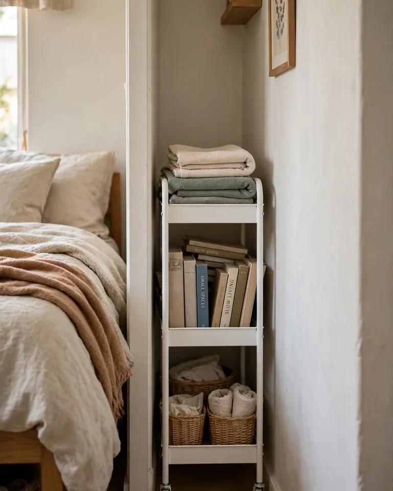 Narrow white rolling cart tucked between a bed and a wall holding towels, books, and baskets