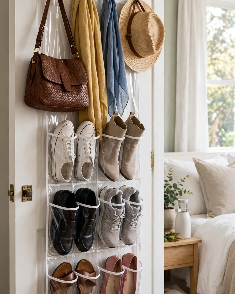 Back of a bedroom door with an over-door shoe organizer, hanging handbag, scarves, and hat