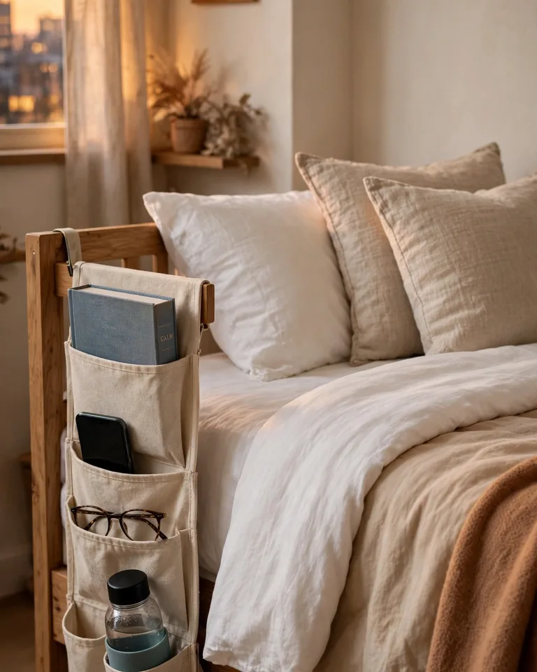 Fabric bedside caddy hanging on a bed frame holding a book, phone, glasses, and water bottle