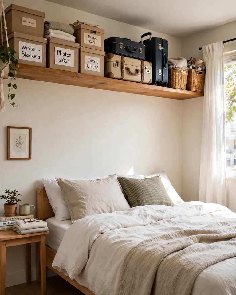 High shelf near the ceiling above a bed holding labeled boxes, suitcases, and baskets