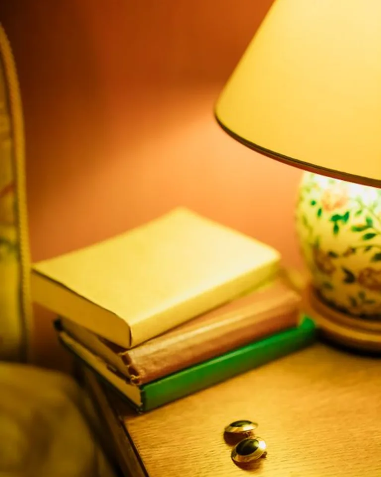 Bedside vignette with a glowing lamp and stacked books on a nightstand
