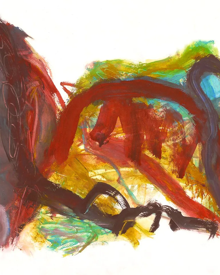 Bold abstract watercolor painting in red, green, and ochre