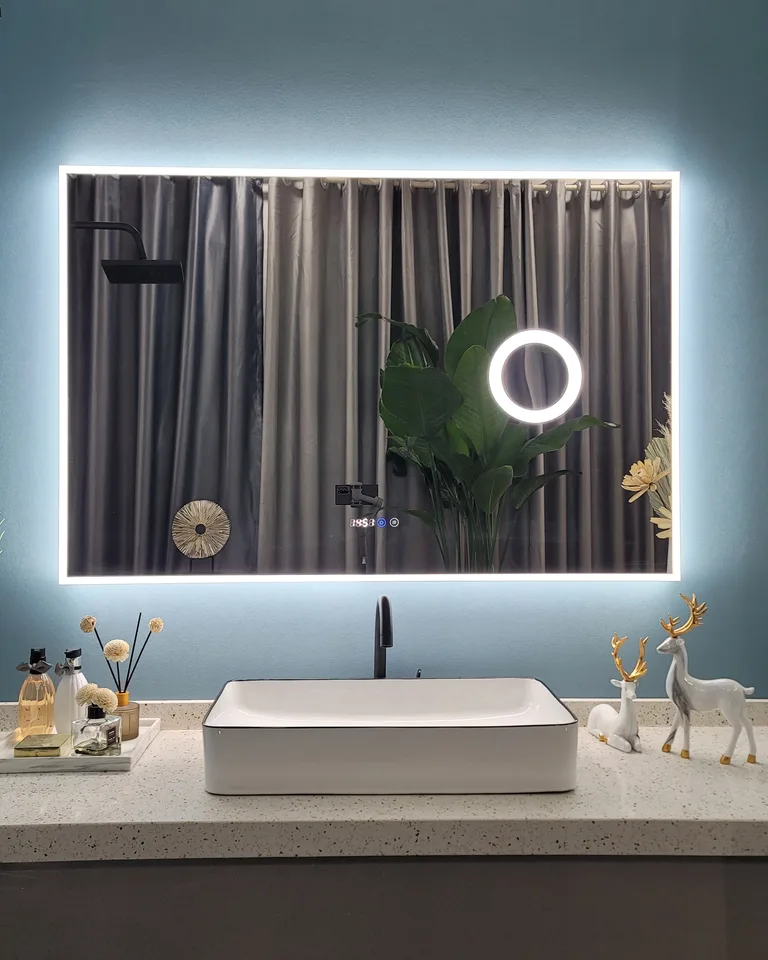 LED bathroom mirror showing three color temperature settings