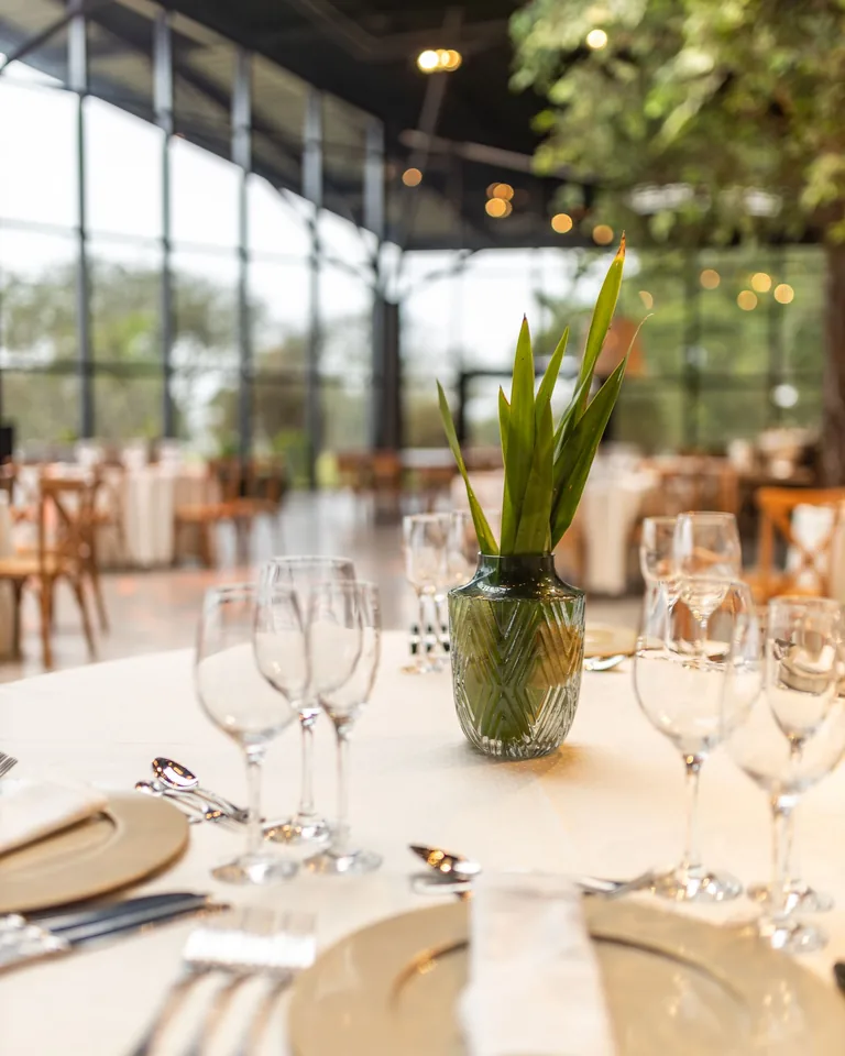 Elegantly set dining table with glassware and simple styling