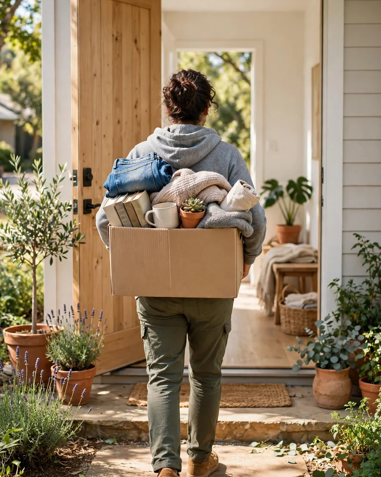 A person carrying a cardboard box of household items toward an open front door