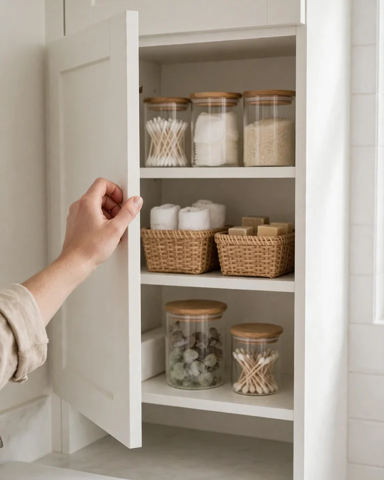 A hand opening a white cabinet door to reveal neatly arranged jars and small baskets inside