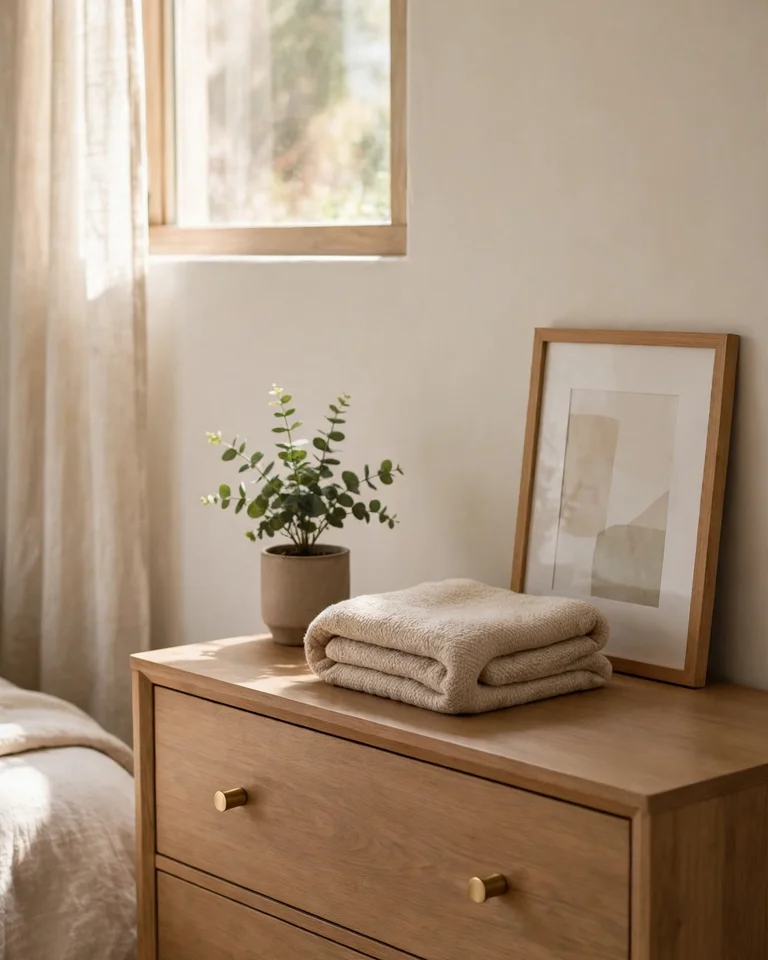 A calm, tidy bedroom dresser styled minimally with a plant, folded throw, and framed picture