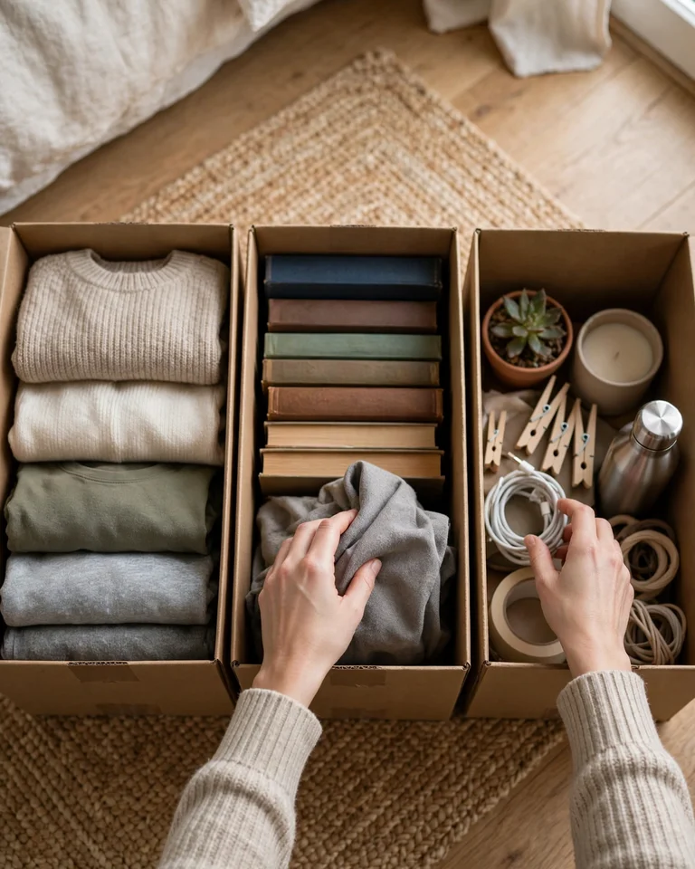 Hands sorting household items into three open cardboard boxes