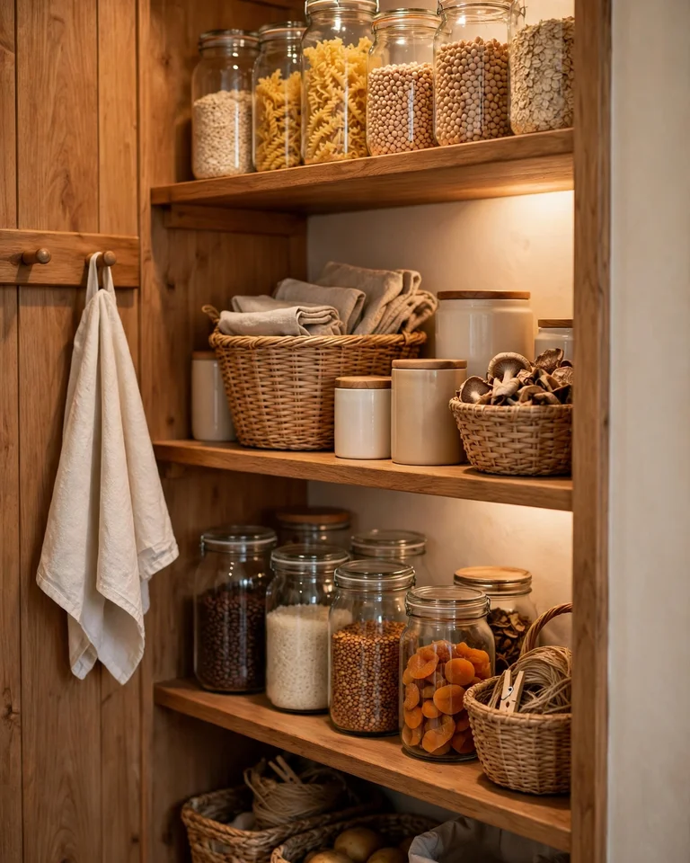 A tidy home kitchen pantry with wooden shelves, glass jars, and woven baskets