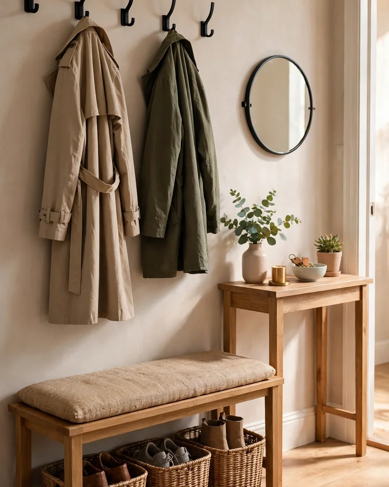 A tidy home entryway with a wooden bench, wall hooks, and woven baskets