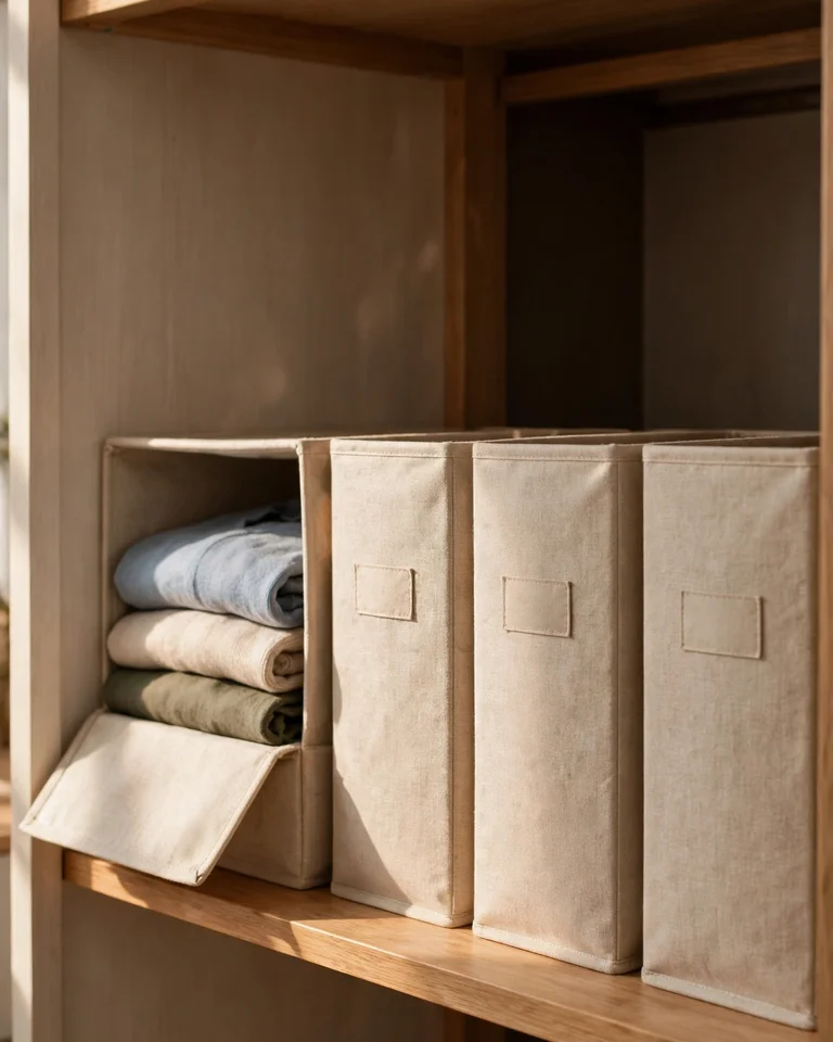 A clean closet shelf with matching labeled fabric storage bins