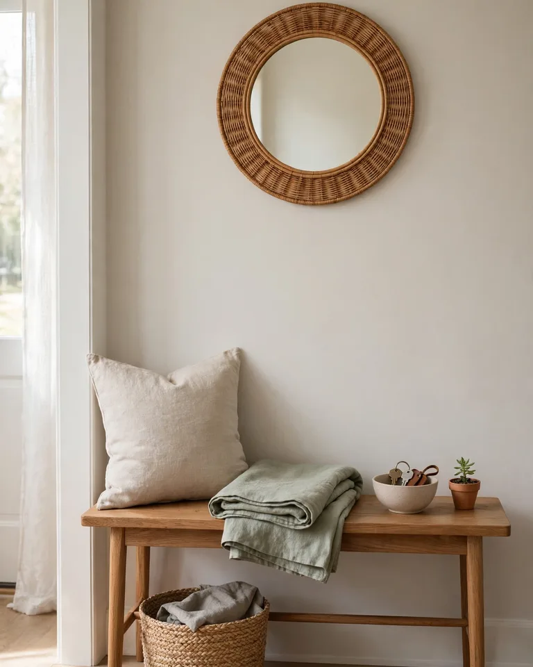 Entryway bench styled with cushions, a throw blanket, and a small plant