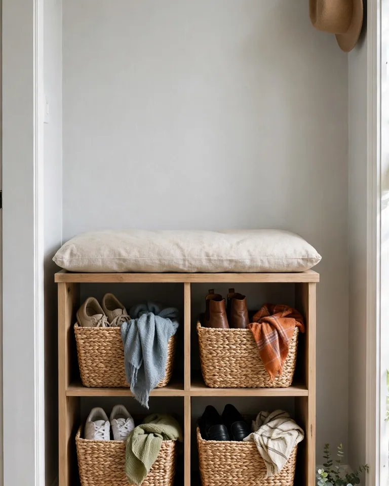 Cubby-style entryway bench with woven baskets in each compartment
