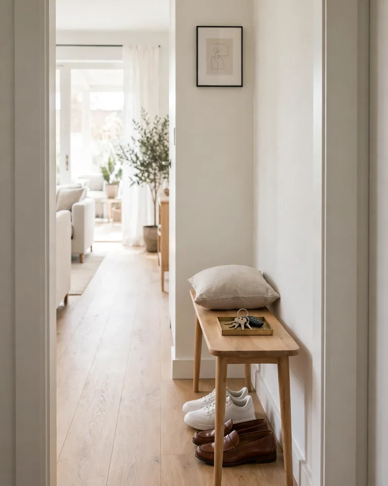 Slim narrow bench against a hallway wall in a small entryway