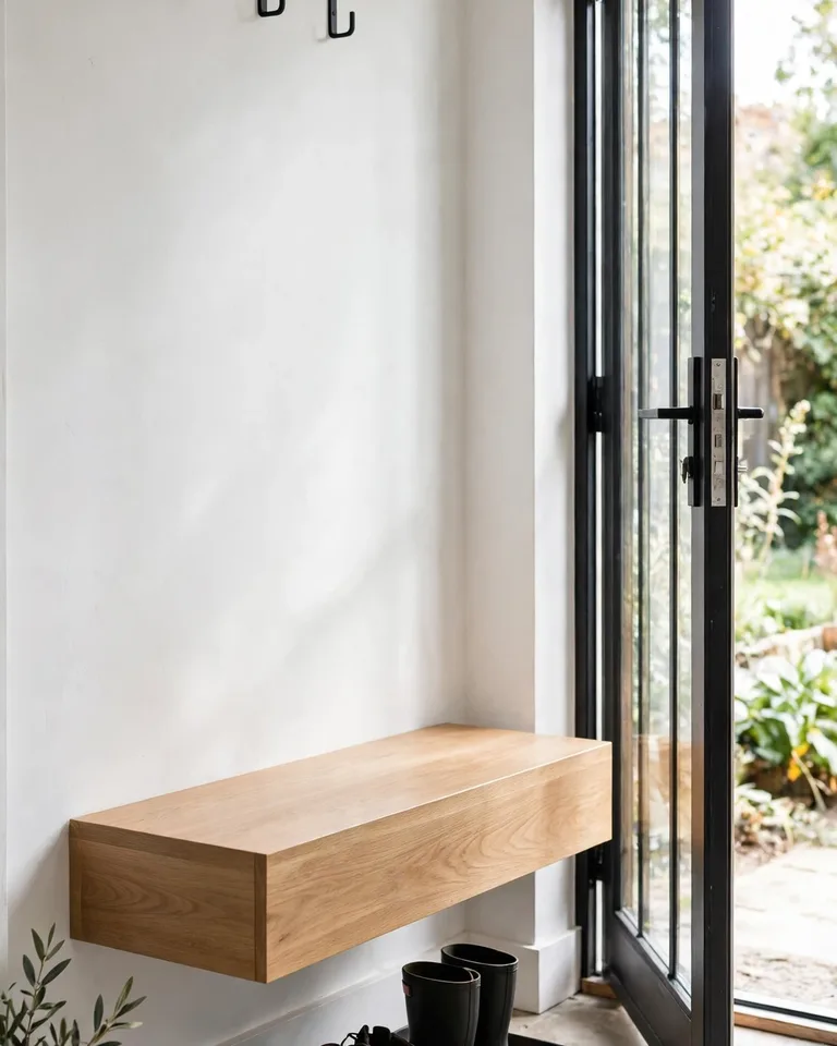 Wall-mounted floating bench in a modern entryway with open floor beneath