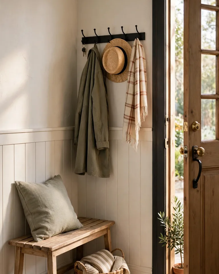 Small corner bench placed diagonally in an entryway corner