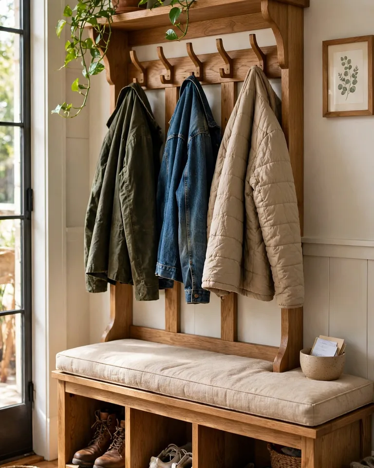 Hall tree bench with coat hooks, top shelf, and cubbies in an entryway
