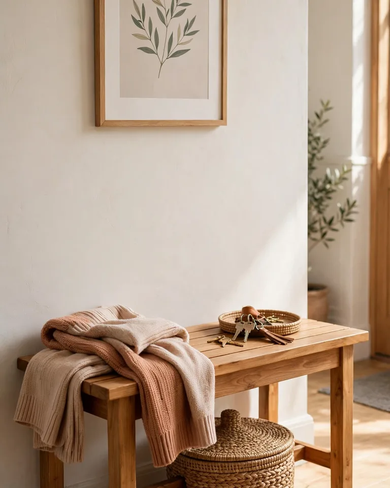 Solid wood backless bench styled with a throw and basket in an entryway