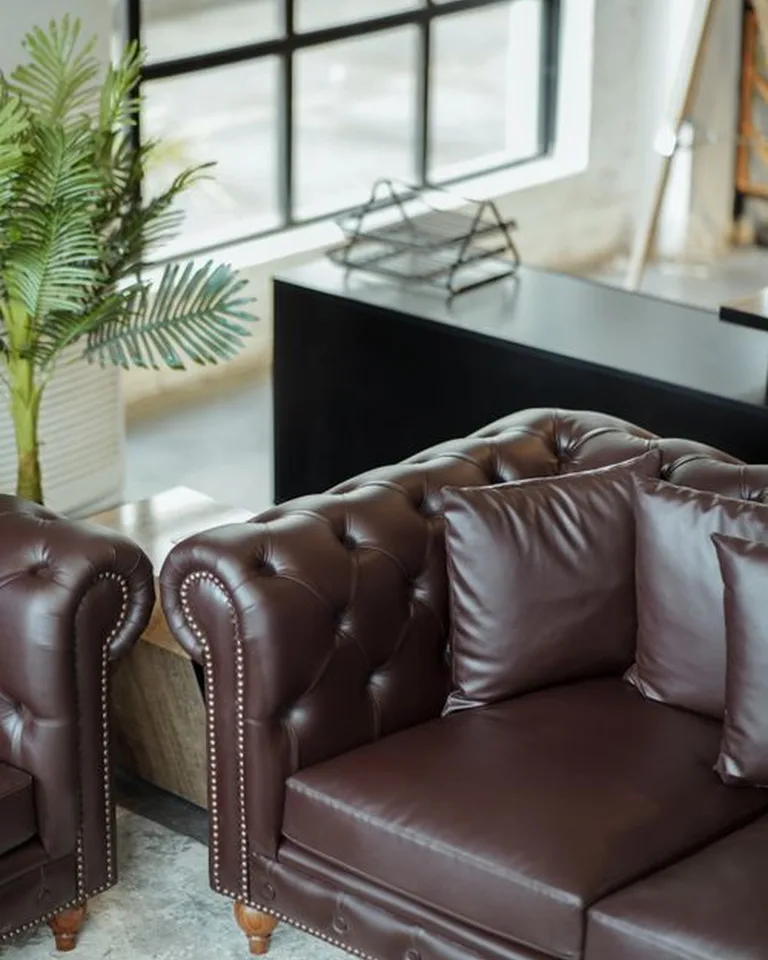 Brown leather sofa styled in a warm and inviting living room