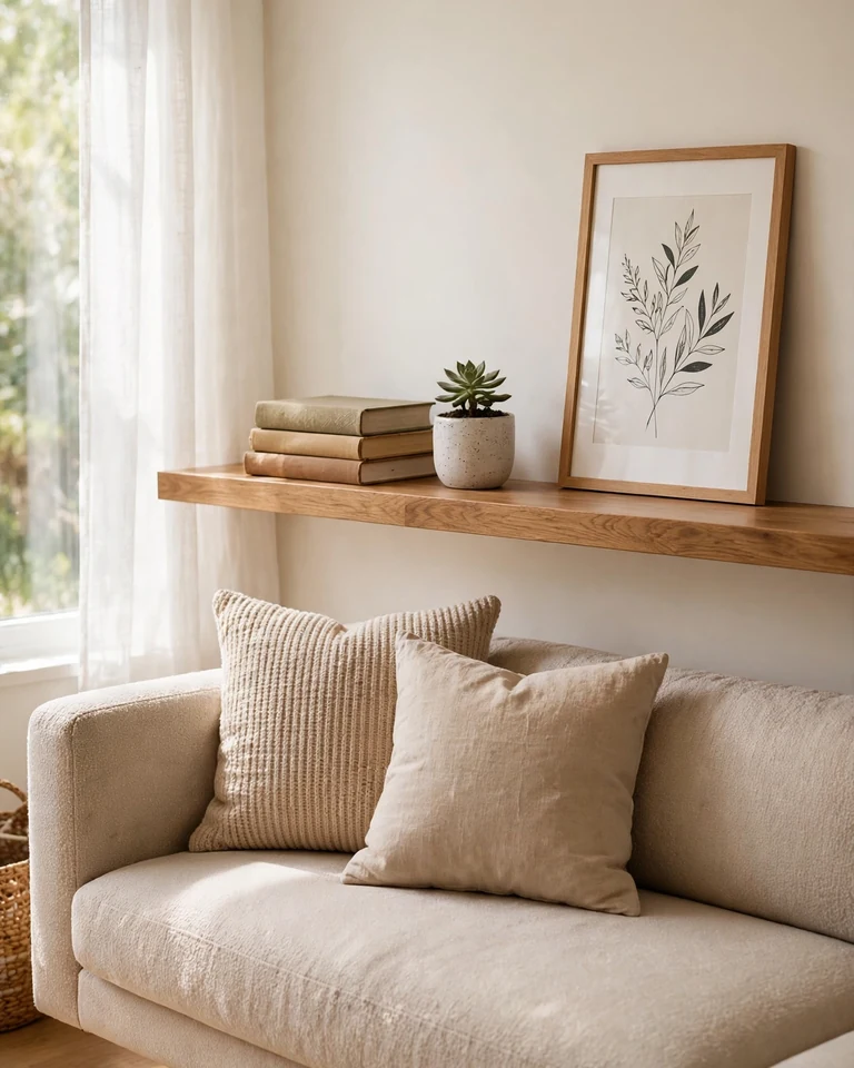A long floating shelf mounted above a sofa, styled with art and books