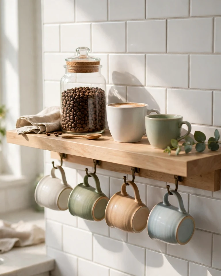 Kitchen floating shelf set up as a coffee station with mugs and jars