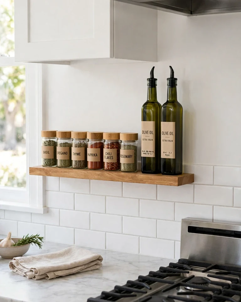 Narrow wooden floating shelf with spice jars and oil bottles in a kitchen