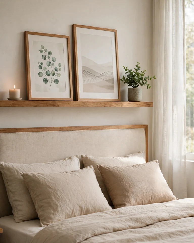 Floating shelf mounted above a bed headboard with framed prints and decor