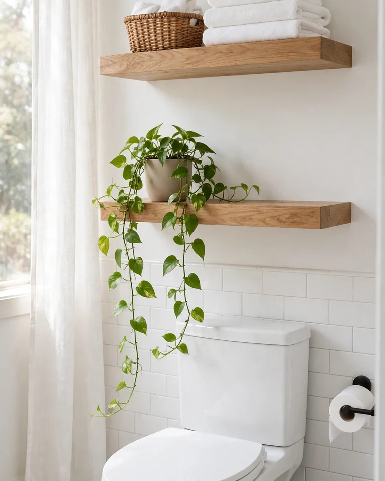 Bathroom wall with floating shelves above the toilet holding folded towels and a plant