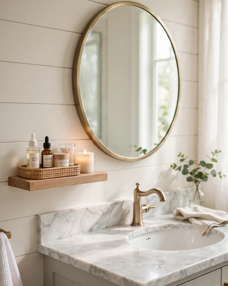 Small floating shelf beside a bathroom mirror with skincare products and a candle