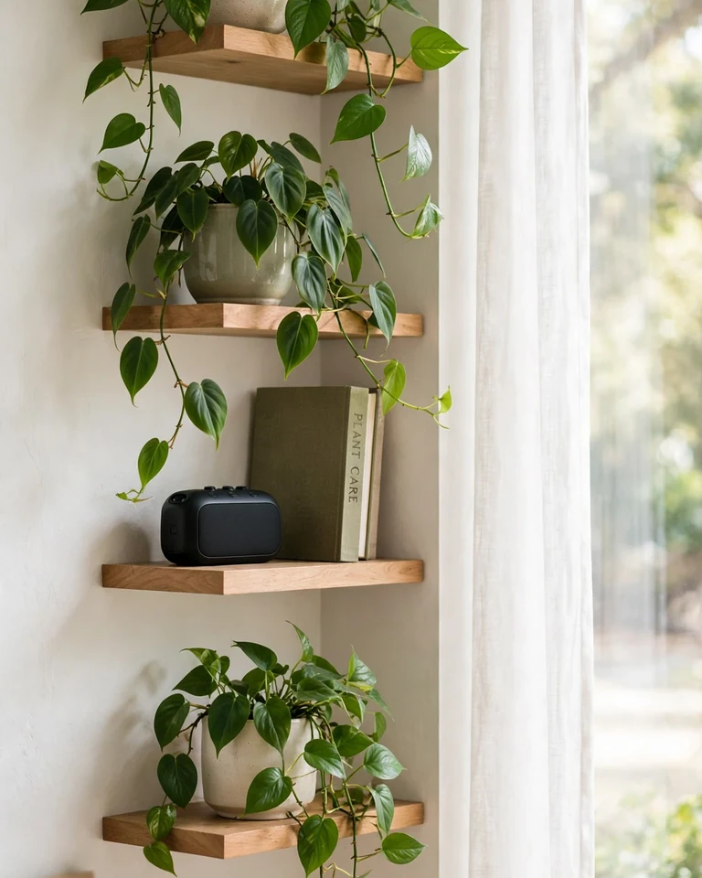 Vertical column of floating shelves in a home office filled with houseplants