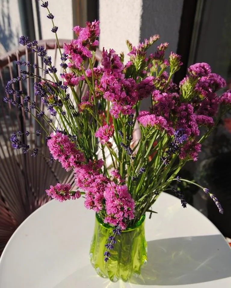 Bundle of fresh lavender in a ceramic vase on a dresser