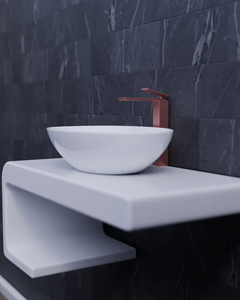 Dark bathroom walls with a subtle sheen reflecting light around a small sink area