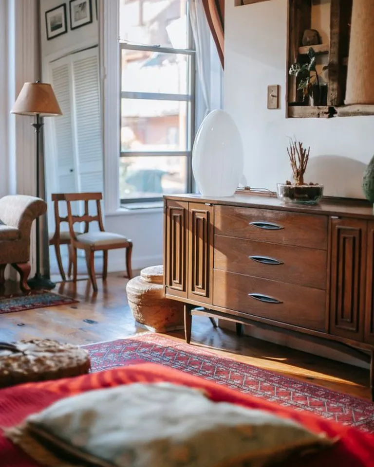 Vintage wooden dresser styled with decor in a French country bedroom