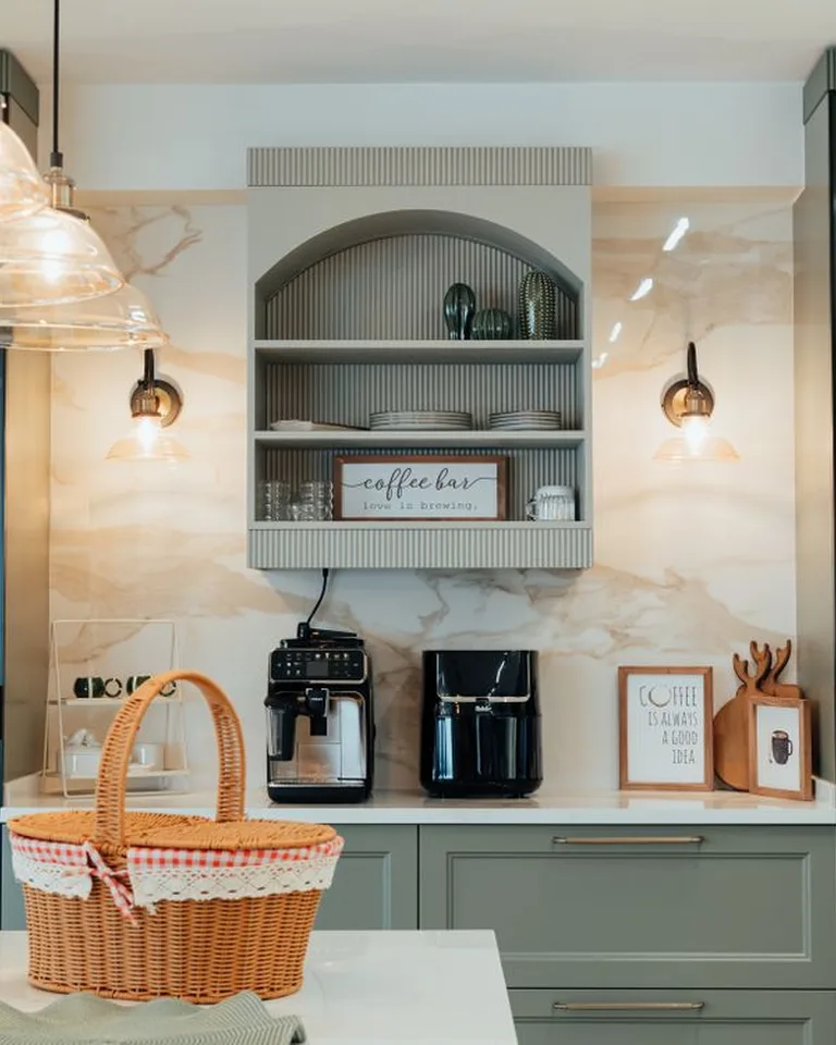 Vintage wooden cabinet repurposed as a coffee bar with espresso machine