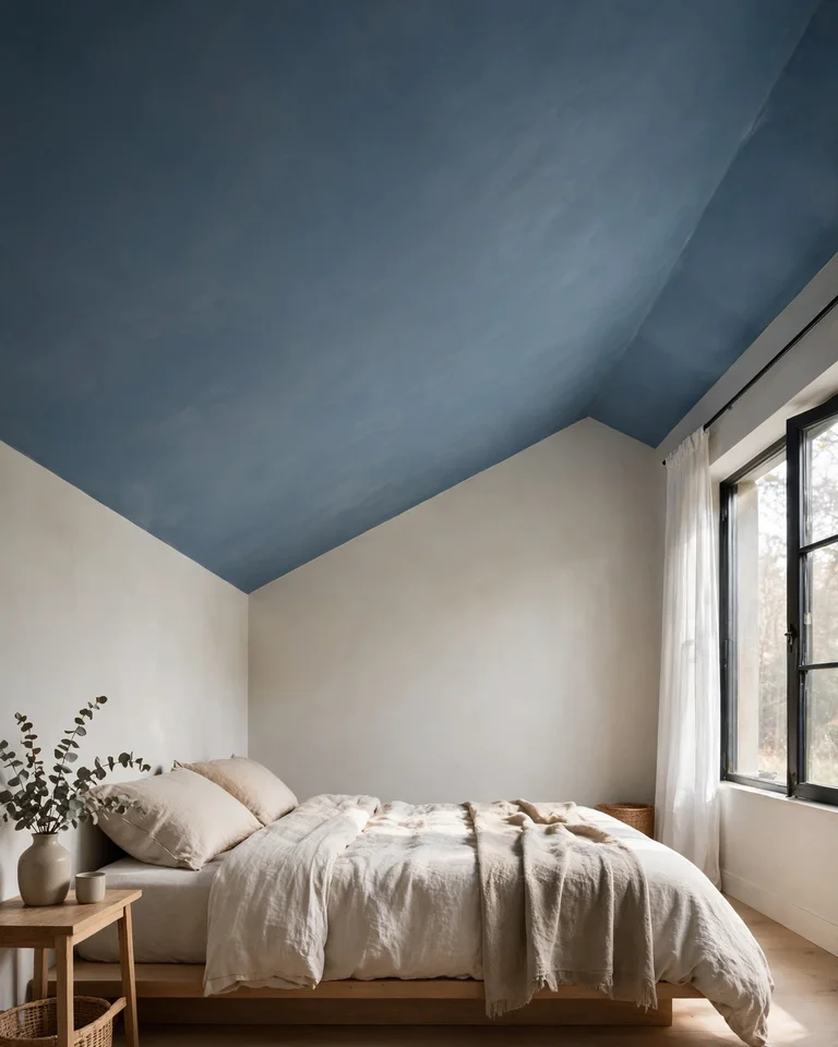 Bedroom with the ceiling painted one shade deeper than the walls, reducing the ceiling's visual dominance