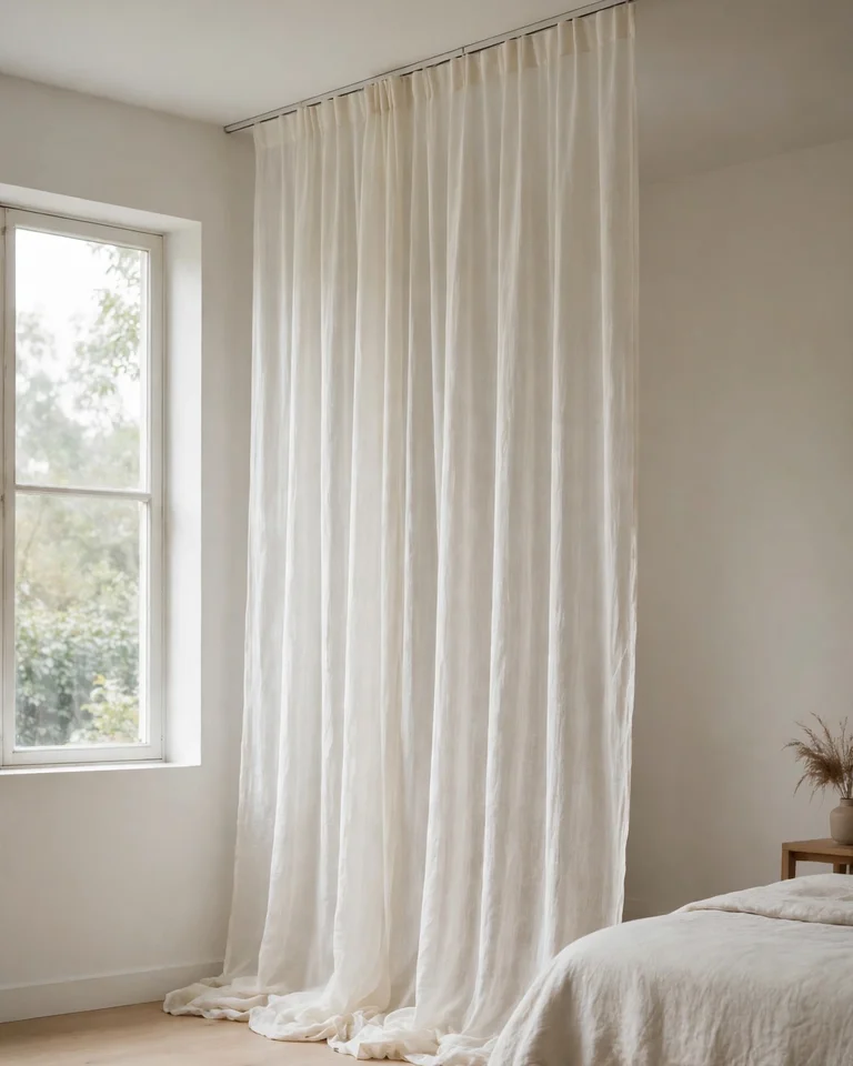 Sheer ivory curtains hanging from a ceiling-mounted track to the floor in a low-ceiling bedroom