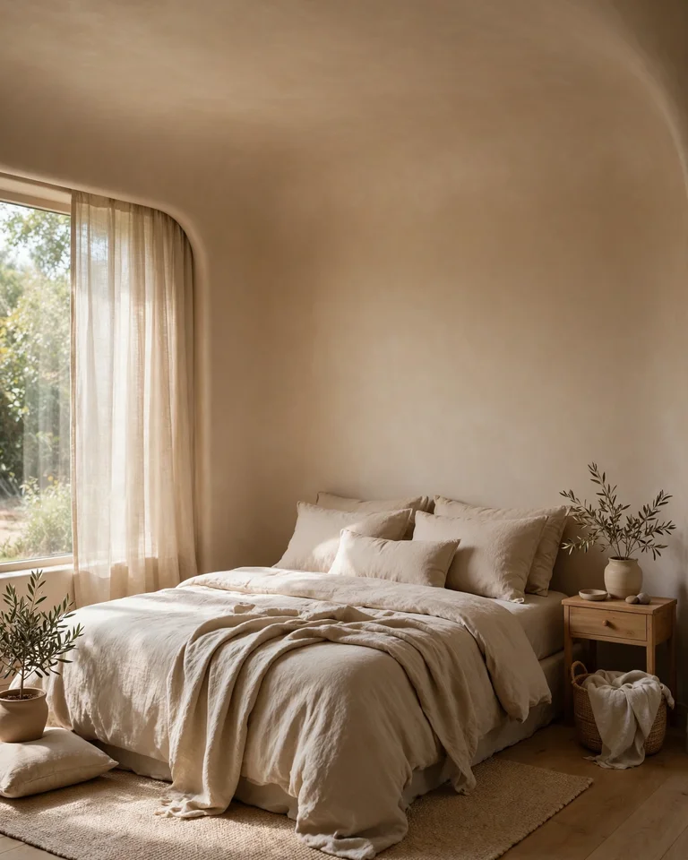 Color-drenched bedroom with warm beige walls and ceiling painted the same tone
