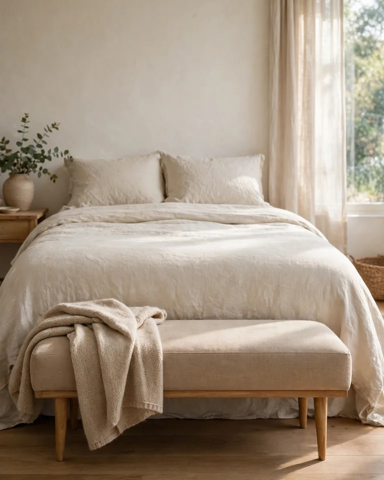 Low upholstered bench in warm beige linen at the foot of a bed