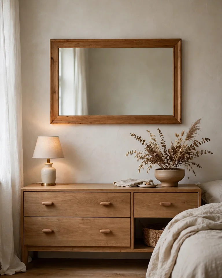 Wide horizontal mirror in a warm wood frame above a low dresser in a bedroom