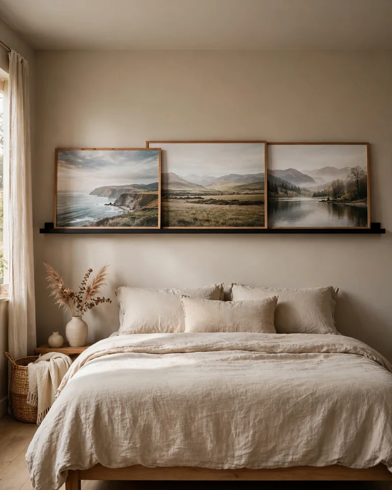 Slim picture ledges holding horizontal landscape art prints above a bed