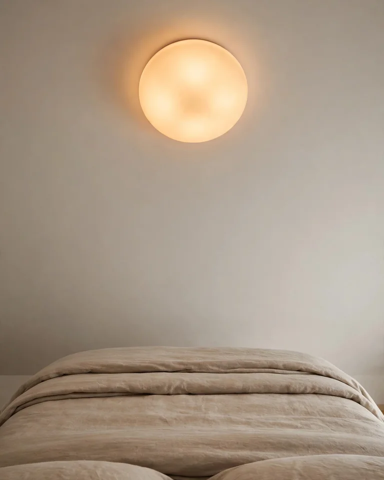 Round flush-mount ceiling light sitting flush against a low bedroom ceiling