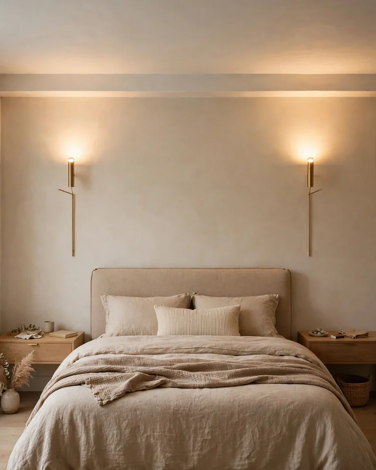 Brass wall sconces mounted high on either side of a bed in a low-ceiling bedroom