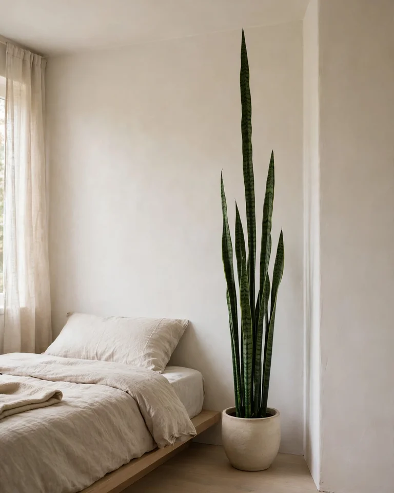 Tall snake plant in a ceramic pot in the corner of a low-ceiling bedroom