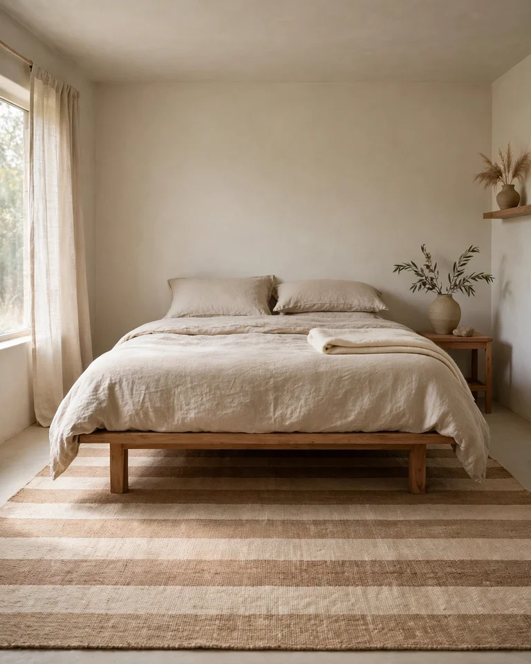 Flat-weave striped area rug under a low bed in a neutral bedroom