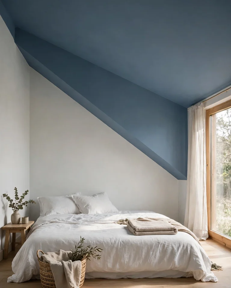 Bedroom with a dusty blue ceiling painted deeper than the pale walls