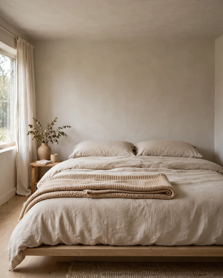 Low platform bed styled with layered linen bedding in warm neutral tones