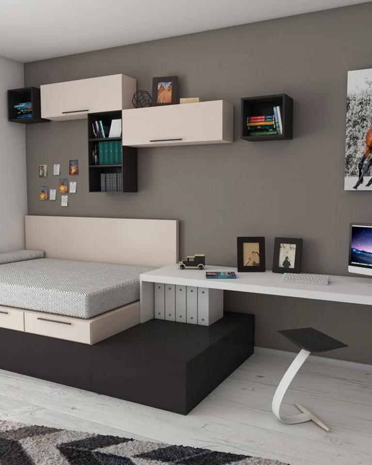 A bed with built-in storage drawers underneath in a small bedroom